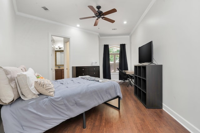 1312 Stone Creek Ln, Jonesboro, AR 72401 - bedroom featuring ceiling fan, dark hardwood / wood-style floors, and crown molding