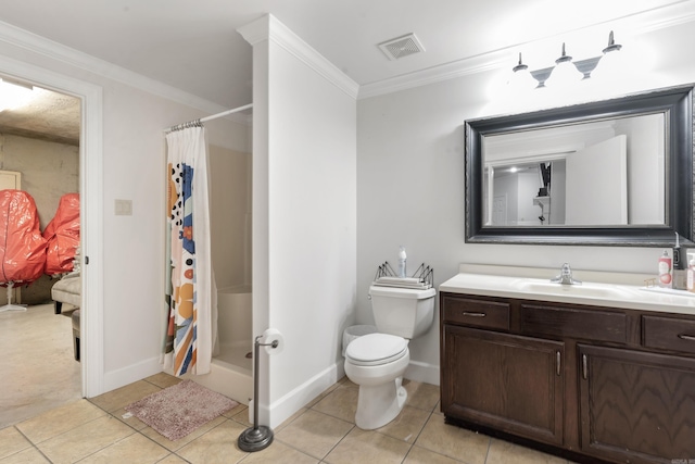 bathroom featuring tile patterned flooring, crown molding, a shower with curtain, and vanity