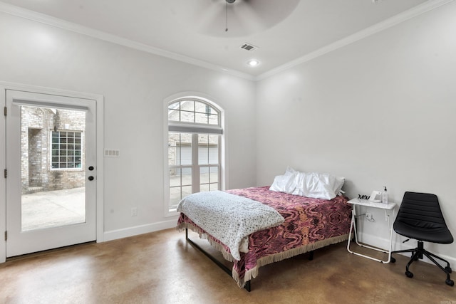 1312 Stone Creek Ln, Jonesboro, AR 72401 - bedroom with ceiling fan, concrete floors, crown molding, and access to outside