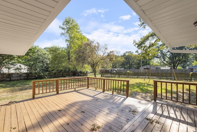 wooden terrace featuring a fenced backyard and a lawn