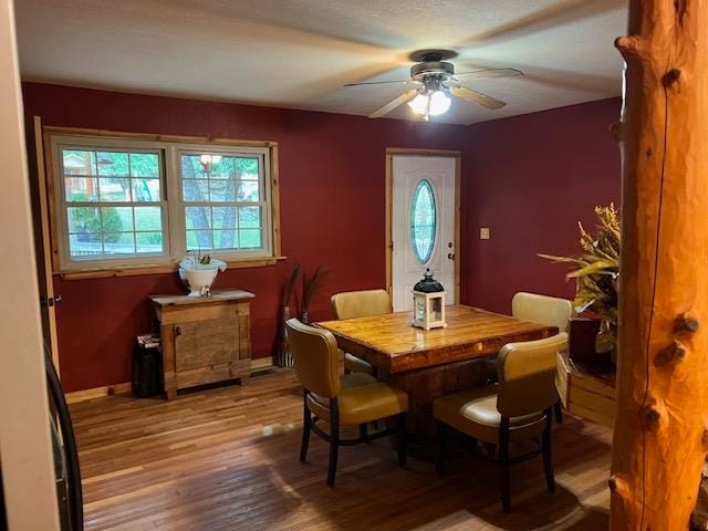 dining room featuring ceiling fan and wood-type flooring