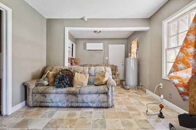 tiled living room with gas water heater