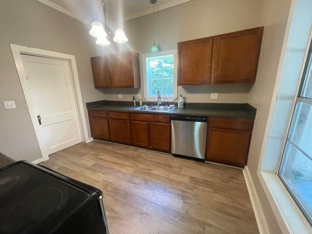 kitchen featuring black range with electric cooktop, a sink, light wood-style floors, dishwasher, and dark countertops