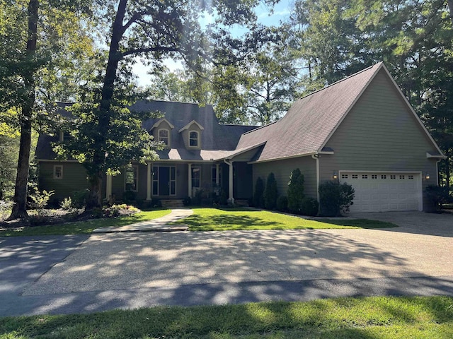 new england style home with a front yard, driveway, and an attached garage