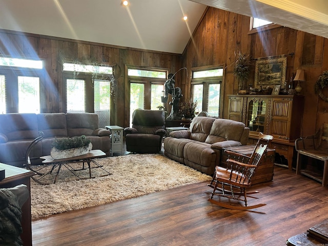 living area with a healthy amount of sunlight, wooden walls, high vaulted ceiling, and wood finished floors