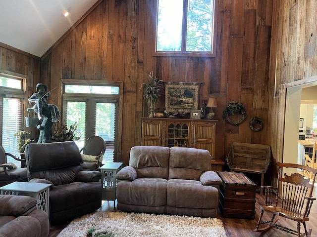 living room featuring high vaulted ceiling, wood walls, and plenty of natural light