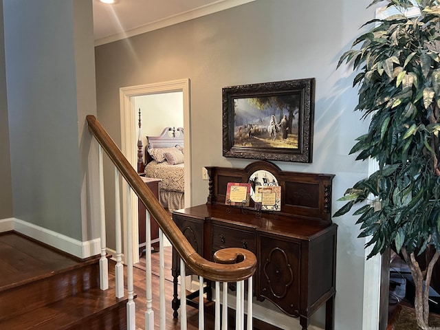 interior space featuring ornamental molding, wood finished floors, and baseboards