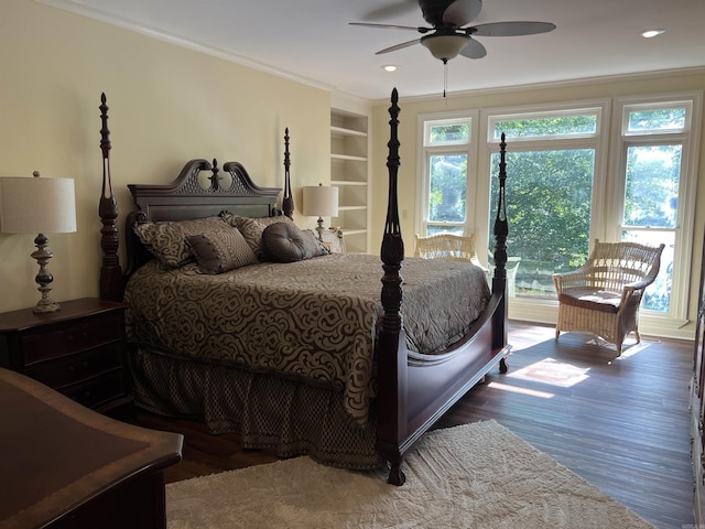 bedroom featuring recessed lighting, wood finished floors, a ceiling fan, access to exterior, and crown molding