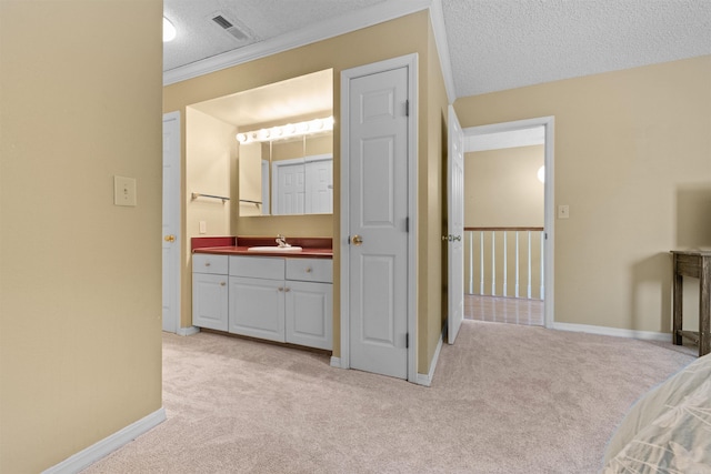 interior space featuring sink, ornamental molding, a textured ceiling, and light carpet