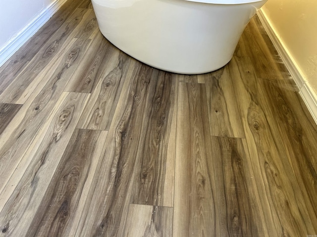 interior details featuring a freestanding bath and wood finished floors