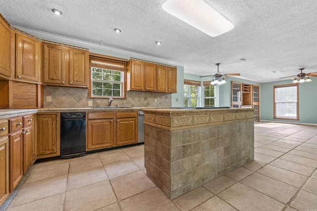 kitchen with ceiling fan, tasteful backsplash, light tile patterned flooring, and ornamental molding