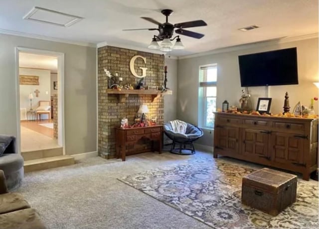 living area featuring ceiling fan, carpet floors, and crown molding