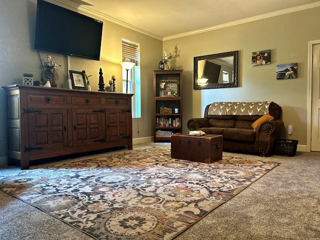 carpeted living room featuring crown molding