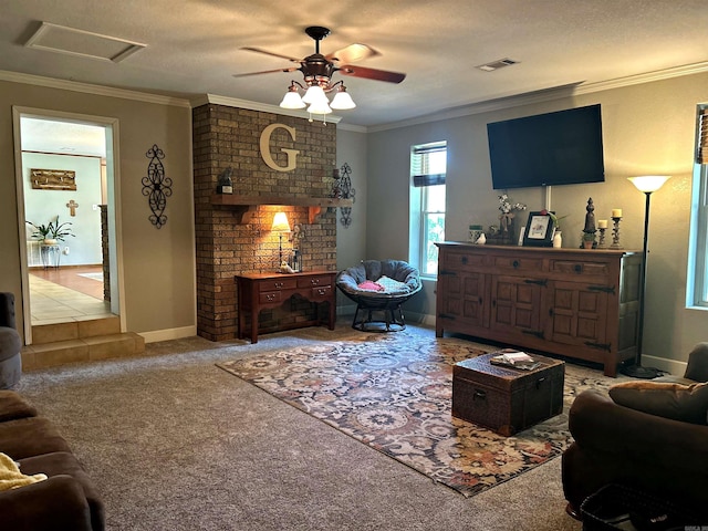 carpeted living room with ceiling fan, ornamental molding, a textured ceiling, and brick wall