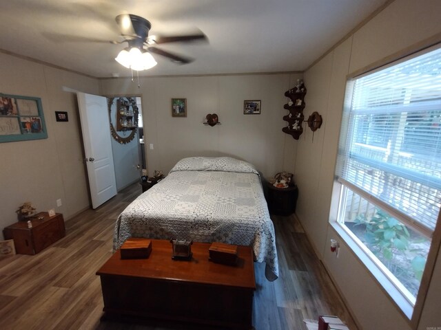 bedroom featuring ceiling fan and dark wood-type flooring