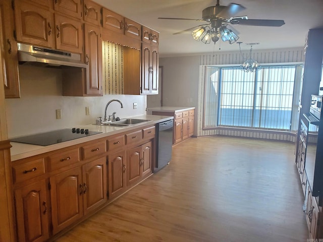 1105 Crescent Dr, Mena, AR 71953 - kitchen featuring dishwasher, black electric stovetop, a sink, under cabinet range hood, and a ceiling fan