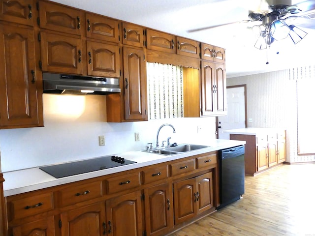 kitchen featuring sink, light hardwood / wood-style flooring, ceiling fan, and black appliances