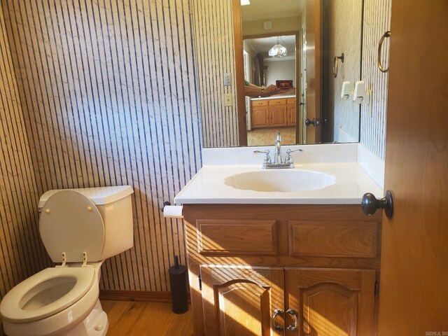 1105 Crescent Dr, Mena, AR 71953 - bathroom featuring wallpapered walls, vanity, toilet, and wood finished floors