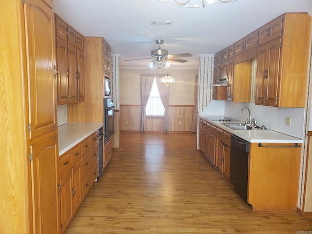 kitchen featuring ceiling fan, black appliances, light hardwood / wood-style floors, and sink