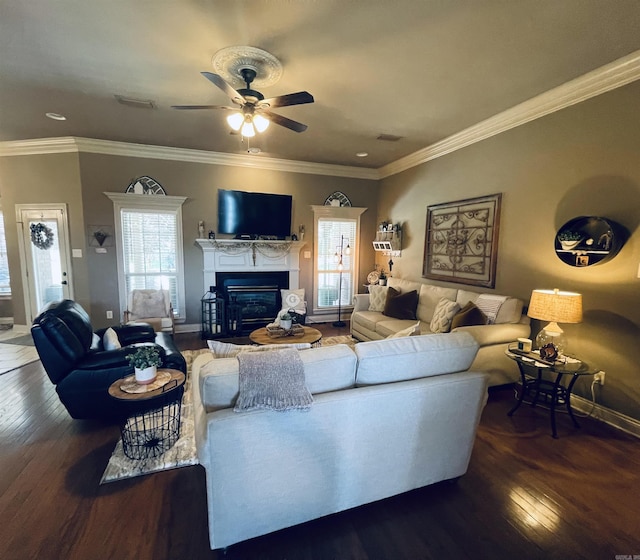 living area featuring a healthy amount of sunlight, dark wood-style flooring, and a glass covered fireplace