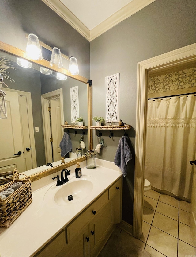 full bath with tile patterned flooring, toilet, vanity, ornamental molding, and a shower with curtain