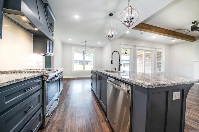 kitchen featuring a kitchen island with sink, appliances with stainless steel finishes, sink, and dark wood-type flooring