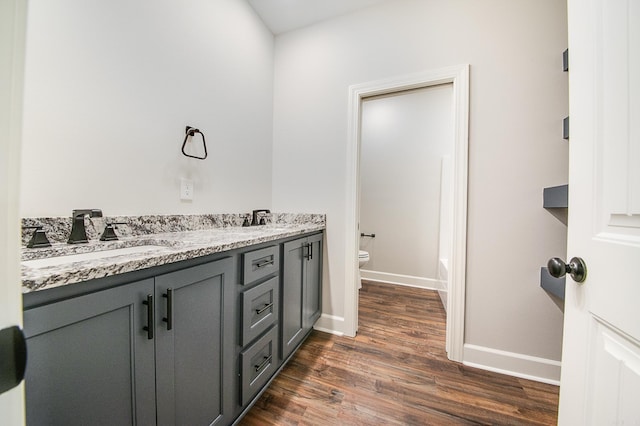 bathroom featuring toilet, a tub to relax in, vanity, and wood-type flooring