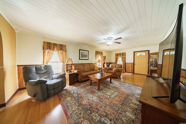 living room with wood ceiling, ceiling fan, and wood-type flooring