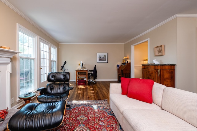 living room with crown molding and wood-type flooring