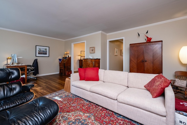 living room with ornamental molding and dark hardwood / wood-style floors