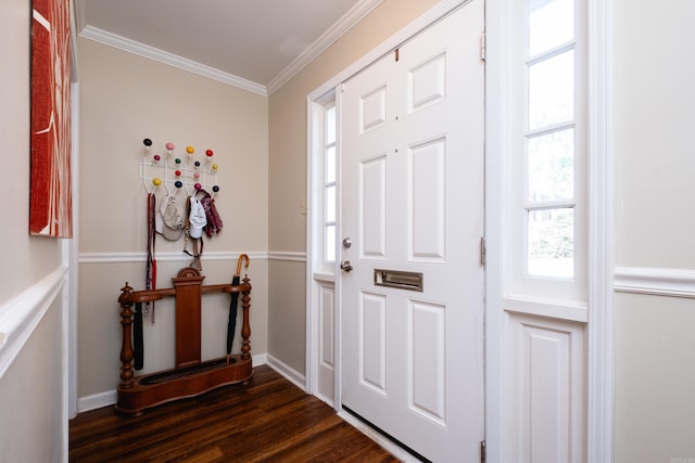 entrance foyer featuring crown molding and dark hardwood / wood-style floors