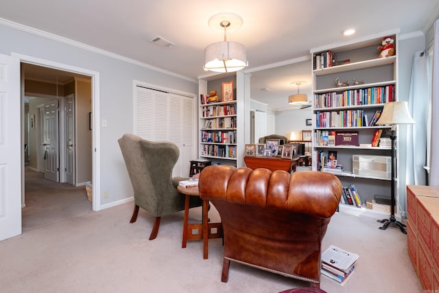 living area featuring carpet flooring and ornamental molding