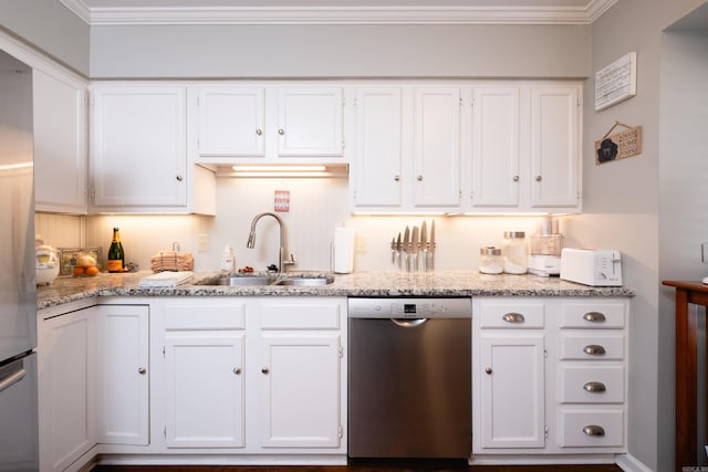 kitchen featuring stainless steel dishwasher, sink, light stone countertops, and white cabinets