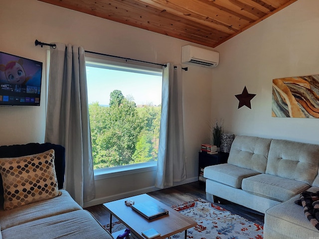 living room featuring hardwood / wood-style floors, wood ceiling, and a wall unit AC