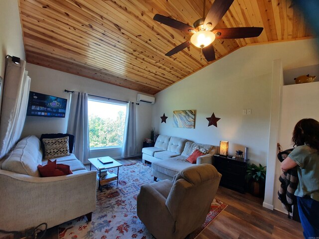 living room featuring ceiling fan, wood ceiling, and a wall mounted air conditioner