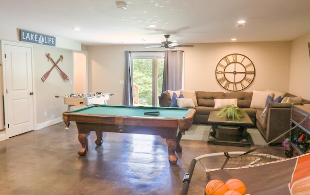 game room with ceiling fan, concrete floors, and billiards