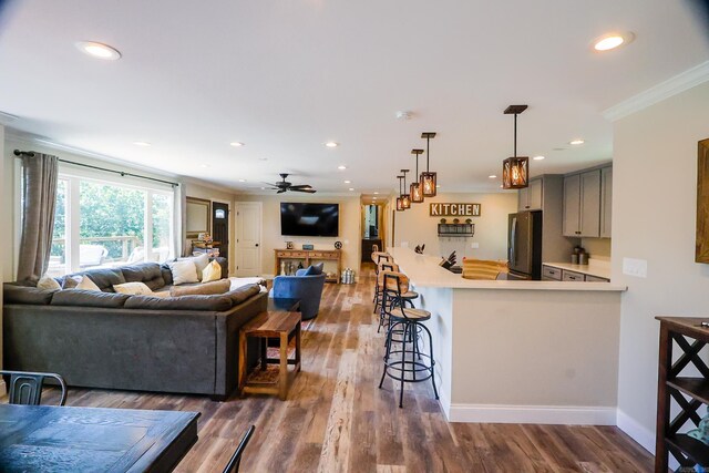 living room featuring hardwood / wood-style floors, ornamental molding, and ceiling fan