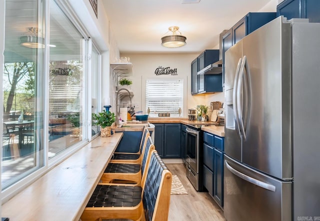 kitchen with a wealth of natural light, blue cabinets, light hardwood / wood-style flooring, and stainless steel appliances