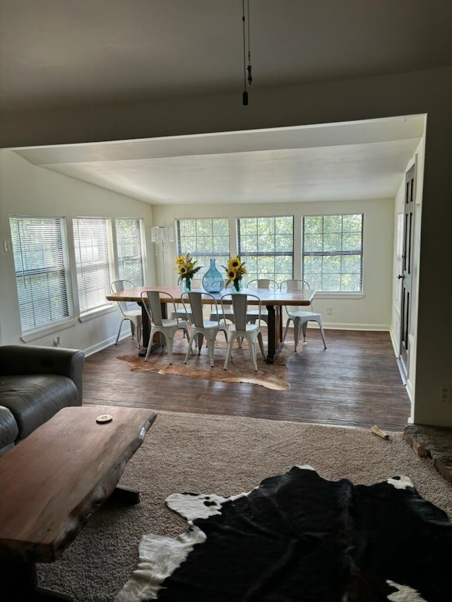 dining space with dark wood-type flooring and plenty of natural light