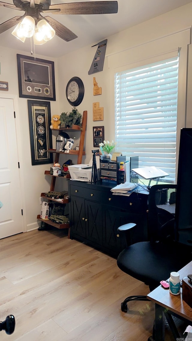 office space with a ceiling fan and light wood-style floors