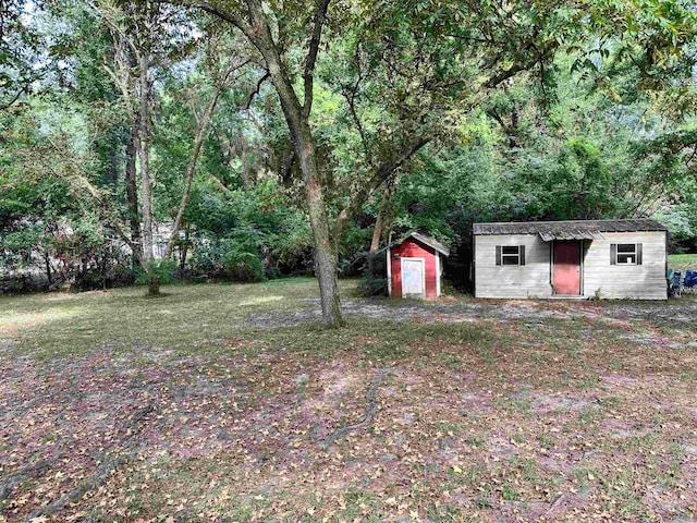 view of yard with a storage shed