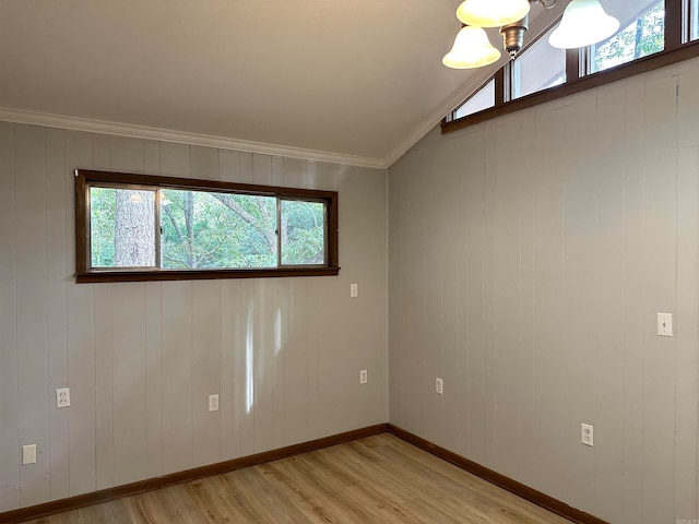 empty room with lofted ceiling, ornamental molding, and light hardwood / wood-style floors