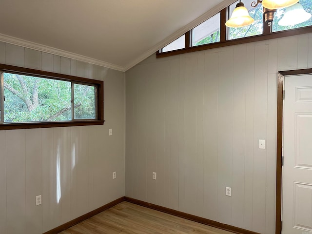 empty room featuring ornamental molding, light hardwood / wood-style floors, and vaulted ceiling