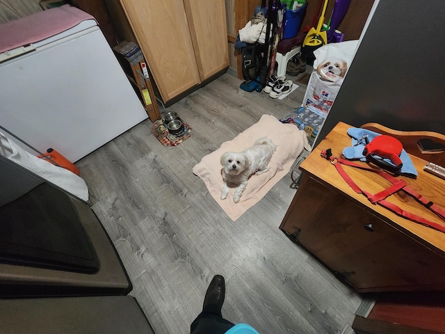 interior details with wood-type flooring and white fridge