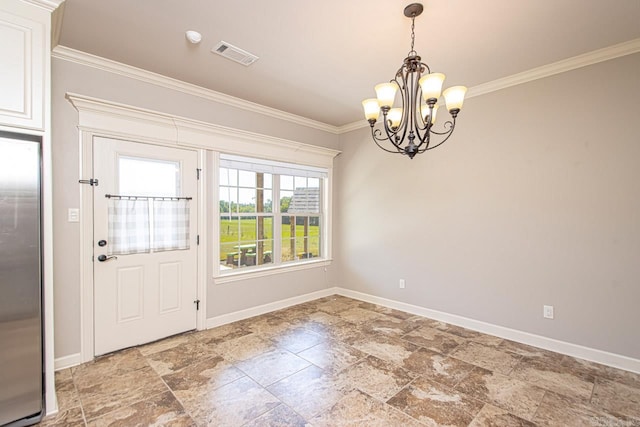 interior space with a chandelier and crown molding