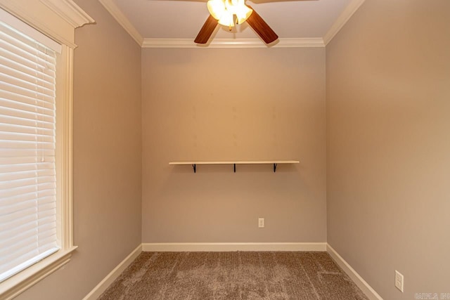 unfurnished room featuring crown molding, ceiling fan, and carpet floors