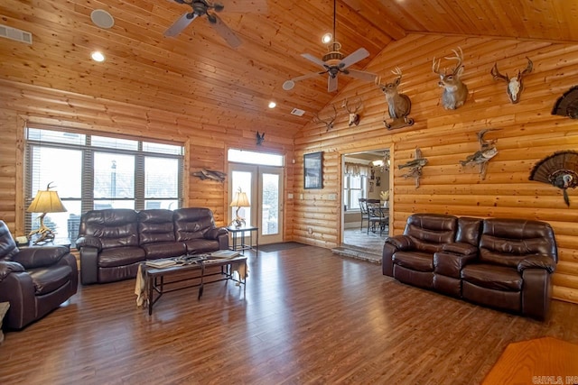 living room featuring log walls, wooden ceiling, wood-type flooring, high vaulted ceiling, and ceiling fan