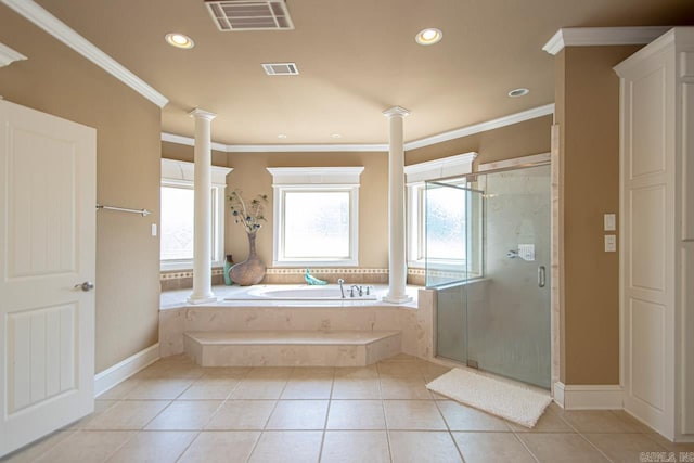 bathroom with crown molding, shower with separate bathtub, tile patterned floors, and ornate columns