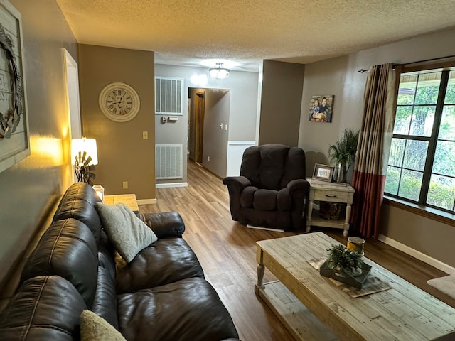 living room with a textured ceiling and light hardwood / wood-style flooring