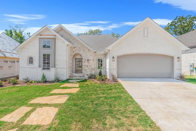 view of front of property featuring a front yard and a garage